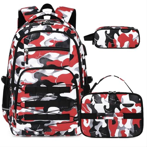 ACESAK Camo Backpack for Boys, Tactical Kids Backpack Boys, School Bags for Boy Children Teens Kids Elementary Middle High School, Military Bookbag and Lunch Bag Pencil Case Set with USB Charging Port - color: Red White