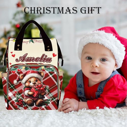 Custom Diaper Bag with Name, Personalized School Bag Christmas Bear Print, Monogram Nappy Backpack with Thermal Pockets for Adults Kids, Large Capacity Waterproof Diaper Bag Xmas Gift - color: A-color-2