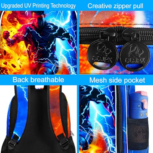 AGSDON 3PCS Boys Backpack for Boys, 17" Kids Bookbag with Lunch Box for Boy,Soccer Flame Thunder Backpacks Water Resistant and Lightweight for Teen - color: Football