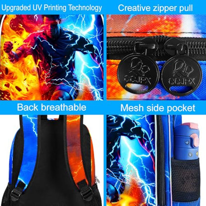 AGSDON 3PCS Boys Backpack for Boys, 17" Kids Bookbag with Lunch Box for Boy,Soccer Flame Thunder Backpacks Water Resistant and Lightweight for Teen - color: Football