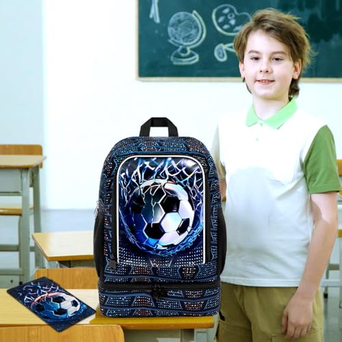 HPJGD 2-in-1 Kids Backpack for Boys, 17" Soccer Elementary Bookbag Set with Built-in Lunch Compartment, Water-Resistant School Bag for Preschool - Thrash Net Soccer - color: Uv Printing Net Soccer 2-in-1 Backpack