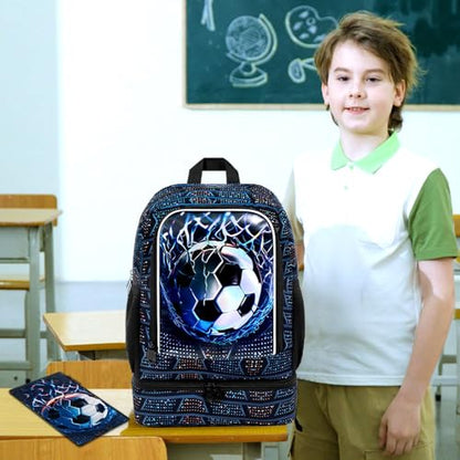 HPJGD 2-in-1 Kids Backpack for Boys, 17" Soccer Elementary Bookbag Set with Built-in Lunch Compartment, Water-Resistant School Bag for Preschool - Thrash Net Soccer - color: Uv Printing Net Soccer 2-in-1 Backpack