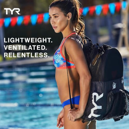 TYR Big Mesh Mummy Backpack for Swim, Gym and Workout Gear, Black, 40-Liter Capacity - color: Blue/Yellow