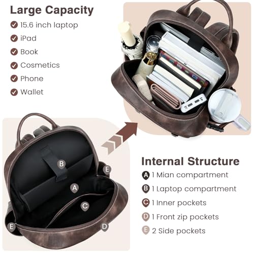 Vegan Leather Laptop Backpack for Women Designer 15.6 Inch PU Laptop Bag, Ladies Travel Computer Work Backpack - color: Two-toned Coffee