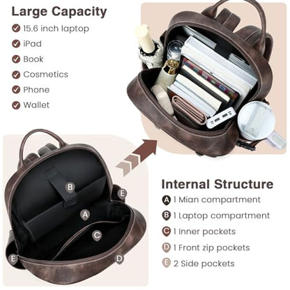 Vegan Leather Laptop Backpack for Women Designer 15.6 Inch PU Laptop Bag, Ladies Travel Computer Work Backpack - color: Two-toned Coffee