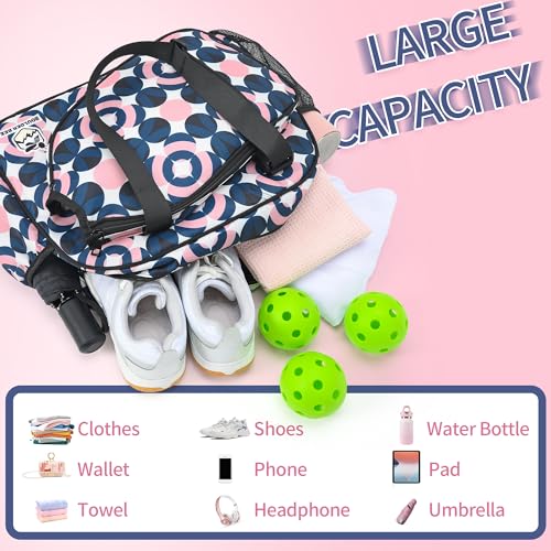 Boulder Bee Pickleball Tote Bag for Women with Paddle Holder - color: Dark blue and pink
