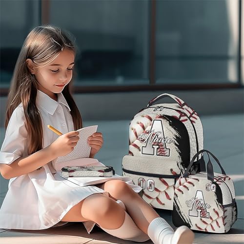 Mercuryelf Custom Baseball Backpack Set for Kids - Personalized Monogram Boys School Bookbag with Lunch Box for Youth Player Team - color: White
