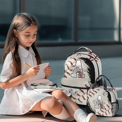 Mercuryelf Custom Baseball Backpack Set for Kids - Personalized Monogram Boys School Bookbag with Lunch Box for Youth Player Team - color: White