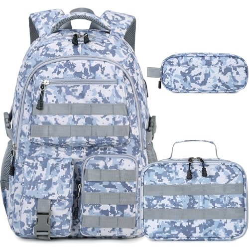 DIGOBAY Camo Backpack for Boys, Tactical Boy Backpacks for School, Kids Backpack With Lunch Box Pencil Case USB Charging Port Military Army SchoolBags for Boy Teens Kids Elementary Middle High School - color: Grey Camo