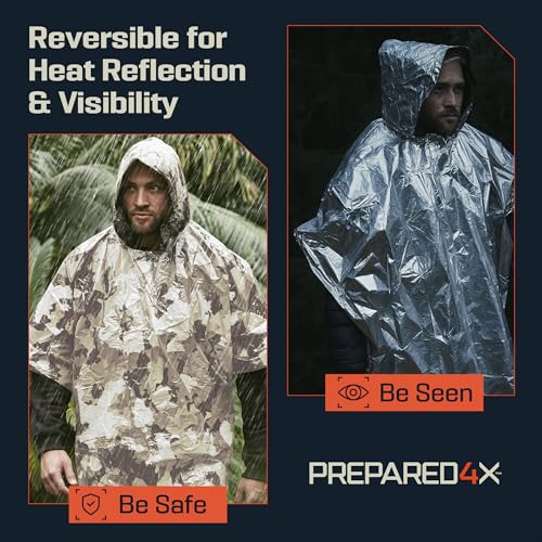PREPARED4X Emergency Mylar Poncho – Survival Rain Poncho with Hood – Lightweight, Compact, Reusable Emergency Blanket Poncho for Hiking, Camping, Thermal Gear, Car Kit, Outdoors - color: Snow Camo 4-pack