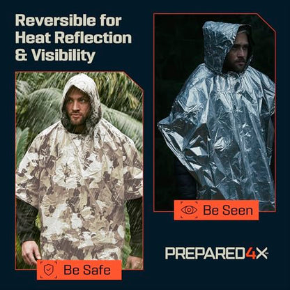 PREPARED4X Emergency Mylar Poncho – Survival Rain Poncho with Hood – Lightweight, Compact, Reusable Emergency Blanket Poncho for Hiking, Camping, Thermal Gear, Car Kit, Outdoors - color: Snow Camo 4-pack