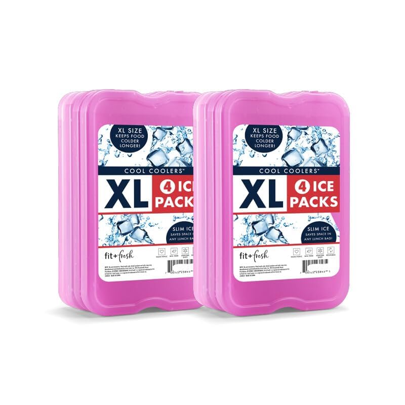 Cool Coolers by Fit & Fresh 4 Pack XL Slim Ice Packs, Quick Freeze Space Saving Reusable Ice Packs for Lunch Boxes or Coolers - color: Purple (8 Pack)