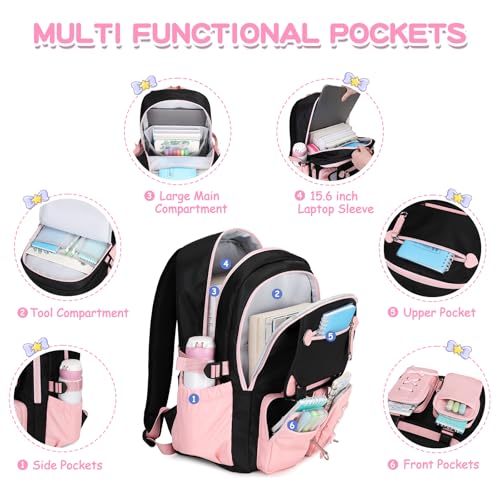 MOONBABY Girls Backpack with Lunch Box & Pencil Case for Kids Teens Bookbag for Elementary Primary Middle High School Daypack - color: Pink