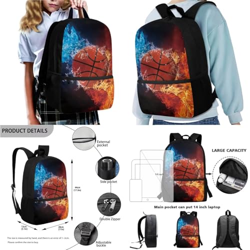 Basketball Water Flame 4-in-1 Portable Backpack for Kids Elementary School Bookbag Pen Case Lunch Box Water Bottle Sleeve for Middle High College School Student - color: Basketball Water Flame