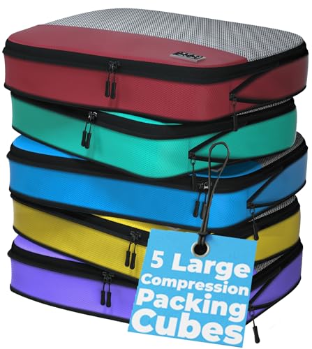 Large Packing Cubes for Travel - 5pc Packing Cubes for Suitcases - Lightweight Luggage Organizer Bags (Compression) - color: Multicolor Compression, size: Large