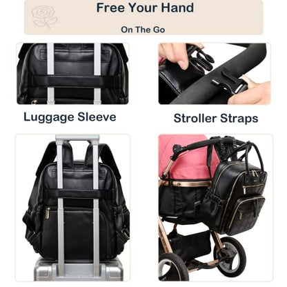 Leather Diaper Bag Backpack for Women with Multiple Pockets,Laptop Compartment and Changing Pad. - color: Black