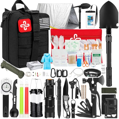 Survival Kit, 250Pcs Survival Gear First Aid Kit with Molle System Compatible Bag and Emergency Tent, Emergency Kit for Earthquake, Outdoor Adventure, Hiking, Hunting, Gifts for Men Women - color: A-Black