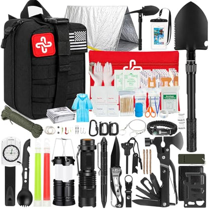 Survival Kit, 250Pcs Survival Gear First Aid Kit with Molle System Compatible Bag and Emergency Tent, Emergency Kit for Earthquake, Outdoor Adventure, Hiking, Hunting, Gifts for Men Women - color: A-Black