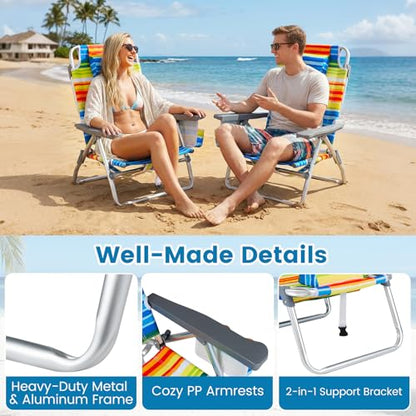 COSTWAY Portable Folding Backpack Beach Chairs Set of 2 with 5-Position Backrest, Padded Headrest, Cup Holder & Ice Bag for Lawn, Poolside (Rainbow Stripe) - color: Rainbow Stripe