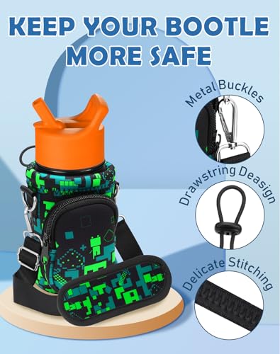 Miss Adola Water Bottle Carrier with Strap - Insulated Kids Water Bottle Holder for Boys Girls Bottle Bag for 10-18Oz - color: Green World