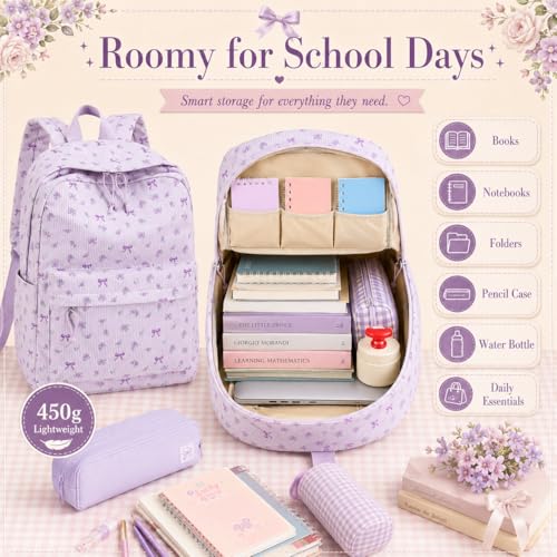 LEDAOU School Backpack for Teen Girls Elementary Middle School Bookbag Kids Backpacks Women Laptop Backpack Travel Daypack (Flower Bow - Purple) - color: Flower Bow - Purple
