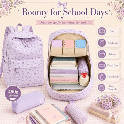 LEDAOU School Backpack for Teen Girls Elementary Middle School Bookbag Kids Backpacks Women Laptop Backpack Travel Daypack (Flower Bow - Purple) - color: Flower Bow - Purple