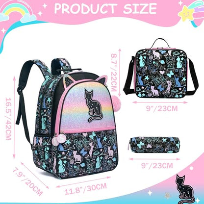 Cute Cat School Backpacks for Girls Backpacks for School Black Bookbag with Lunch Box for Elementary Students Ages 6-8 Years Old - color: Black Cat