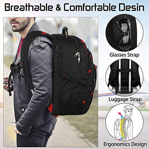 18.4 Inch Laptops Backpack, 55-60L Extra Large Travel Laptop Backpack, TSA Friendly Flight Approved and RFID Anti-Theft Pocket, Water Resistant Suiltable for Large Gaming Laptop - color: Black-red, size: 18inch(21.5*16.3*9.9")