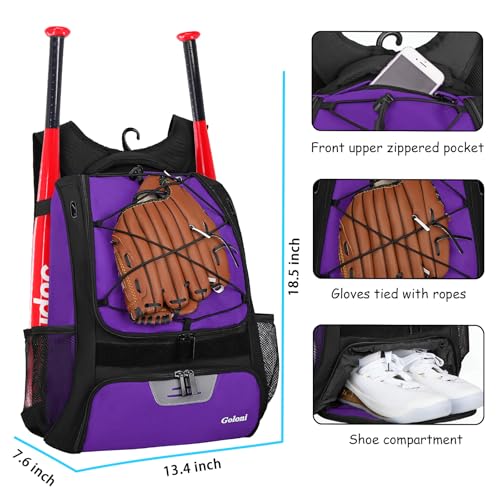 Goloni | Baseball Backpack,Baseball Bag for Adult,Softball Bat Bag with Shoes Compartment,Large Main Compartment for Helmet & accessories, Fence Hook - color: Purple