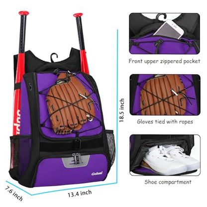 Goloni | Baseball Backpack,Baseball Bag for Adult,Softball Bat Bag with Shoes Compartment,Large Main Compartment for Helmet & accessories, Fence Hook - color: Purple