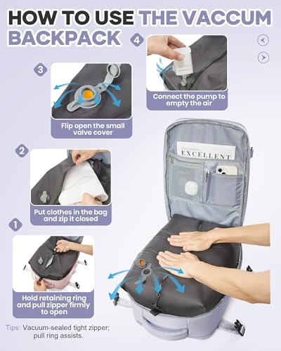 WONHOX Vacuum Seal Travel Backpack with Air Pump,Compression Vacpack Waterproof Carry On Backpack for Travel Women Men with Vacuum System,Airlines Approved Daypack Laptop Space Saver Bags,Lilac - color: B6-lilac(with Air Pump)