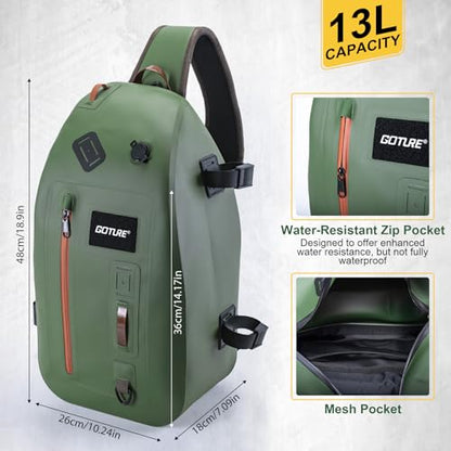 Goture Waterproof Fly Fishing Sling Pack, IPX8 840D TPU Fishing Sling Bag, 13L Tackle Backpack with Rod Holder,Airtight Zipper,Exhaust Valve,Adjustable Strap for Kayaking,Wadering,Hiking - color: A1:13L Green