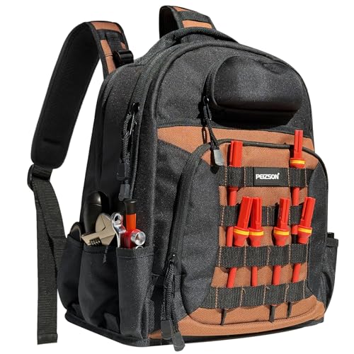 Tool Backpack for Electricians, HVAC, Technicians & Mechanics. Professional Tool Back Pack Bag with 4 Compartments, 39 Pockets, 31 MOLLE Loops, and Safety Goggles Box