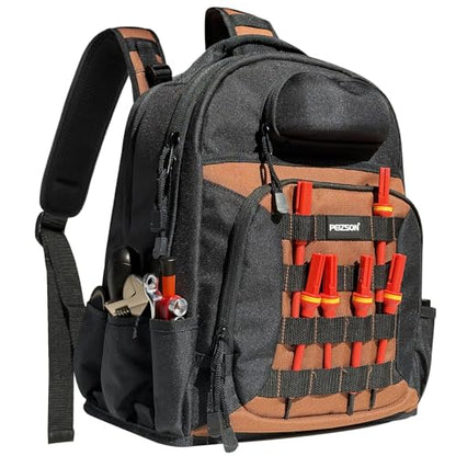 Tool Backpack for Electricians, HVAC, Technicians & Mechanics. Professional Tool Back Pack Bag with 4 Compartments, 39 Pockets, 31 MOLLE Loops, and Safety Goggles Box