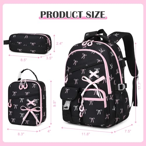 DIGOBAY Backpacks for Girls - 3PCS Girls Backpack with Lunch Box & Pencil Pouch School Backpacks for Elementary Middle High College School Bookbag for Teen Girl Kids Students Black-bow - color: Black-bow