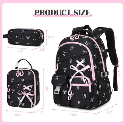 DIGOBAY Backpacks for Girls - 3PCS Girls Backpack with Lunch Box & Pencil Pouch School Backpacks for Elementary Middle High College School Bookbag for Teen Girl Kids Students Black-bow - color: Black-bow