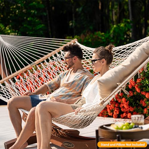 Lazy Daze Hammocks Double Rope Hammock, 2 Person Traditional Outdoor Hand Woven Cotton Rope Hammock with Spreader Bar, Carabiners, Tree Straps, Chains for Patio Yard - Max 450 Lbs, Natural - color: Natural