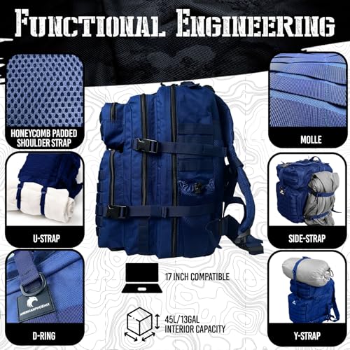 AMERICANPHOENIX 45L Elite Tactical Backpack | 3X Stronger Work & Military Backpack | Water Resistant and Heavy Duty | 3 Day MOLLE Bug Out Bag (Atlantic Blue) - color: Atlantic Blue