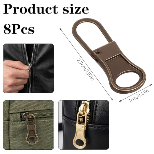 8 Pcs 4 Colors Detachable Zipper Pull Replacement, Metal Zipper Pull Tabs for Small Holes Zippers Pulls Repair Kit for Jackets Luggage Backpacks Shoes Purse Coat Pants (Silver, Gold, Black, Bronze)