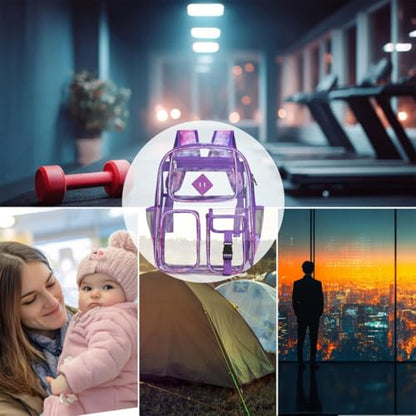 Clear Backpack-Heavy Duty PVC clear backpack for Stadium/Travel/Work,Dual Zippered Compartments&Mesh Side Pockets (purple) - color: Purple