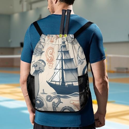 Lighthouse Sailboat Fish Shells Octopus Drawstring Backpack with Wet Pocket - Large Capacity Gym Bag with Shoe Compartment & Mesh Pockets, Adjustable Lightweight Gym Backpack for Swimming, Travel, Wor