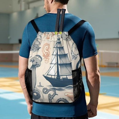 Lighthouse Sailboat Fish Shells Octopus Drawstring Backpack with Wet Pocket - Large Capacity Gym Bag with Shoe Compartment & Mesh Pockets, Adjustable Lightweight Gym Backpack for Swimming, Travel, Wor