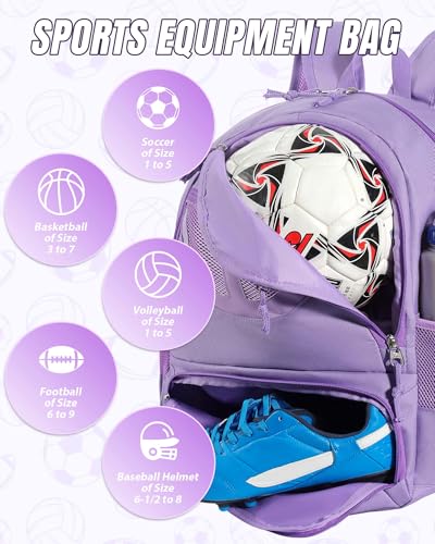 Basketball Bag Backpack for Men Women with Ball & Shoes Compartment 30L Capacity Lightweight Breathable Boys Girls Soccer Ball Bag Backpack Fit Volleyball Football Sports Travel School Gym - color: TK8Purple