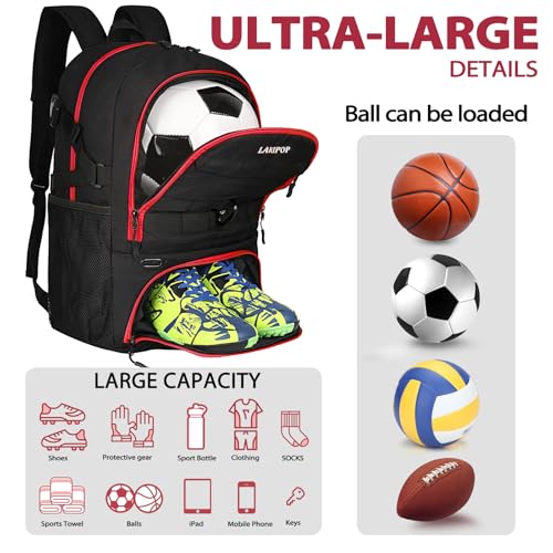 LARIPOP Soccer Backpack with Ball Holder & Shoe Compartment Large Capacity Sports Bag for Training - color: Red