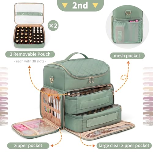 Extra Large Nail Polish Organizer Case Holds 86 to 100+ Bottles Nail Polish & Nail Lamp, Nail Supplies Storage Carrying Bag with 2 Removable Pouches, Portable Nail Tech Travel Box (Green, 86 Slots) - color: Green