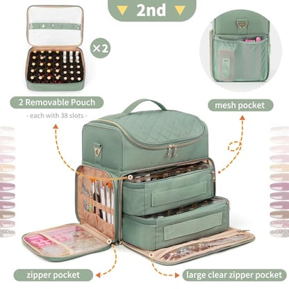 Extra Large Nail Polish Organizer Case Holds 86 to 100+ Bottles Nail Polish & Nail Lamp, Nail Supplies Storage Carrying Bag with 2 Removable Pouches, Portable Nail Tech Travel Box (Green, 86 Slots) - color: Green