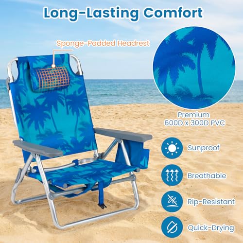 COSTWAY Portable Folding Backpack Beach Chairs Set of 2 with 5-Position Backrest, Padded Headrest, Cup Holder & Ice Bag for Lawn, Poolside (Coconut Blue) - color: Coconut Blue