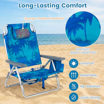 COSTWAY Portable Folding Backpack Beach Chairs Set of 2 with 5-Position Backrest, Padded Headrest, Cup Holder & Ice Bag for Lawn, Poolside (Coconut Blue) - color: Coconut Blue