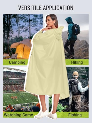 SaphiRose Extra Thick Hooded Rain Poncho Double Layer Waterproof Raincoat Jacket for Men Women Adults - color: Beige