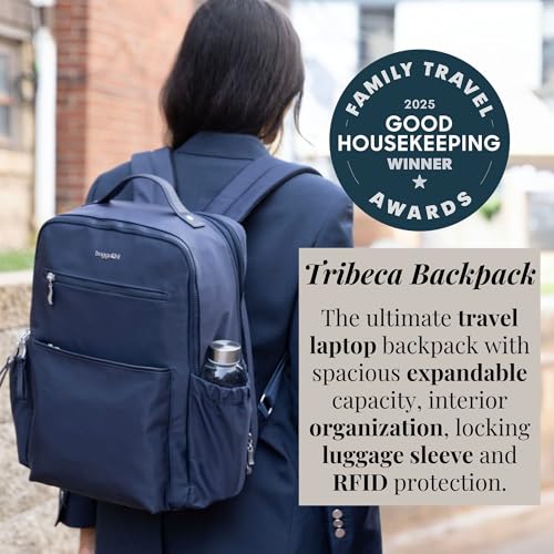 Baggallini Tribeca Expandable Laptop Backpack - 15"x11" Lightweight RFID Computer Bag for Work & Travel with Luggage Sleeve - color: Smoke Twill